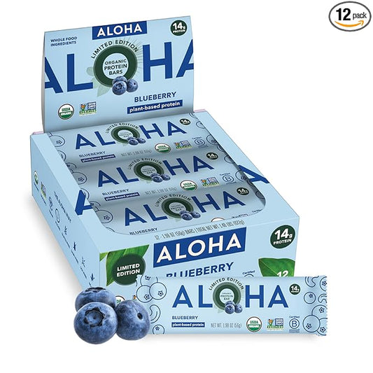 ALOHA Organic Plant Based Protein Bars - Blueberry Bars, Vegan, Low Sugar, Gluten-Free, Low Carb, Non-GMO, No Stevia, No Erythritol - 12 Count (Pack of 1)