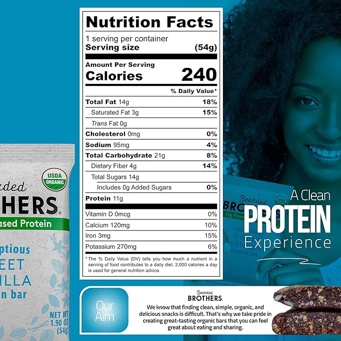 Bearded Brothers Organic Protein Bars, Vanilla (10 Pack) - 11g of Plant Based Protein Gluten Free Vegan, Non-GMO Healthy Snacks for Adults Good Source of Fiber