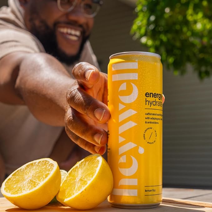 Heywell Sparkling Adaptogenic Water Energy and Focus, Lemon Fizz Flavor 12 Fluid Ounce (Pack of 12) - Caffeinated, Organic, Non GMO, Vegan, Gluten Free, Dairy Free