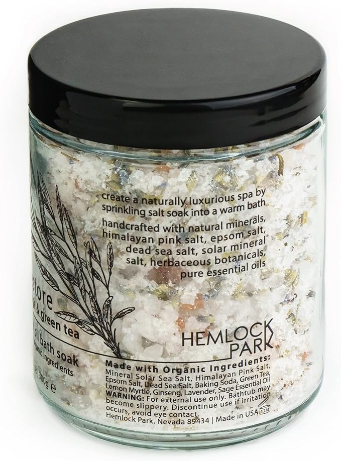Hemlock Park Restore Essential Oil Bath Soak | Naturally Soothing Mineral Sea Salt and Botanicals | 10.5 oz Jar | White Sage & Green Tea