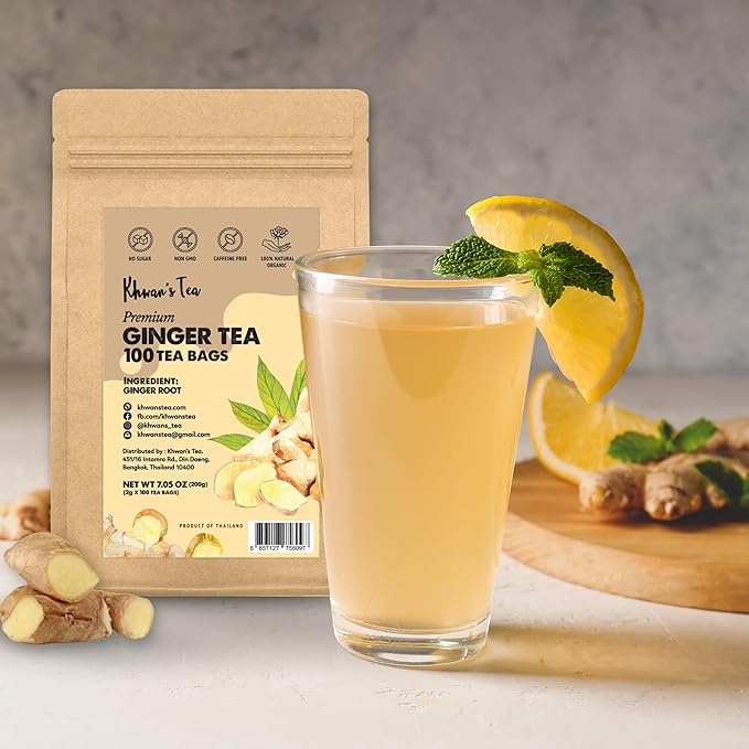 KHWAN’S TEA Ginger Tea Bags - Ginger Root Powder For Herbal Tea Bags, Caffeine Free Tea Bags, Supports Digestion, Soothing & Spicy (2g/Bag)