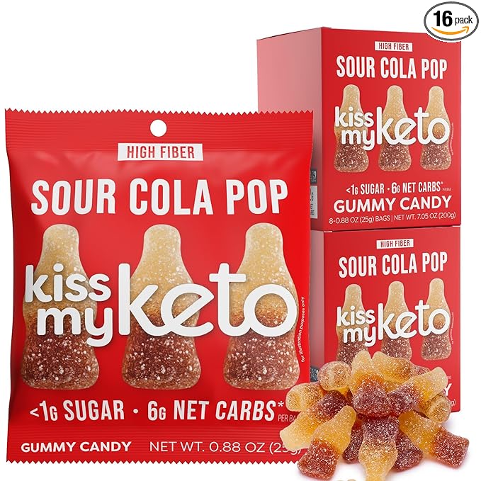 Kiss My Keto Sugar Free Gummies, Sour Cola 16-Pack – Satisfy Cravings while Staying in Ketosis – High Fiber, 6g Net Carbs, Non-GMO, Vegan, & Gluten-Free – Low-Calorie Vegan Candy