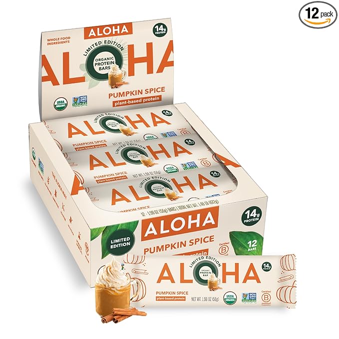 ALOHA Organic Plant Based Protein Bars - Pumpkin Spice, Vegan, Low Sugar, Gluten-Free, Low Carb, Non-GMO, No Stevia, No Erythritol - LIMITED EDITION, 12 Count (Pack of 1)