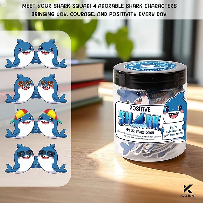 Positive Shark Jar, 60 Affirmation Cards, Emotional Support Shark Gift, Shark Decor, Get Well Gifts for Men, Shark Stuffed Animal Alternative, Shark Decorations
