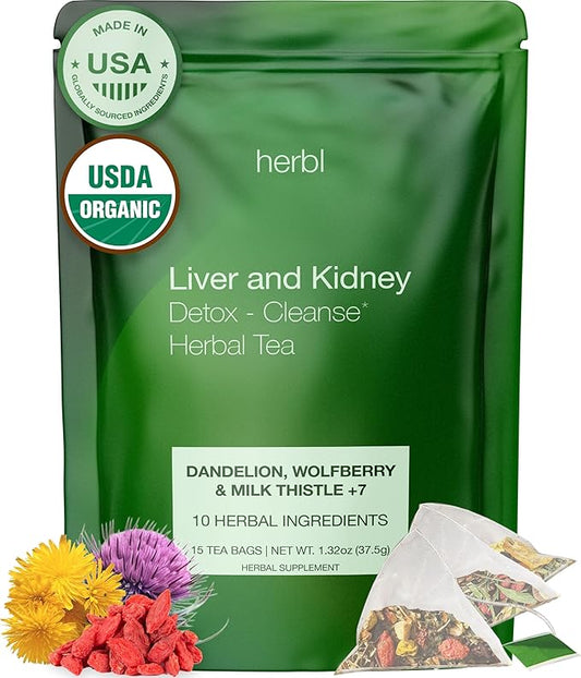 Organic Dandelion Wolfberry Tea - Kidney and Liver Detox Tea - Organic Liver Kidney Cleanse & Detox with Dandelion, Goji Berry, Milk thistle, Turmeric, Hibiscus and extra Herbal Ingredients