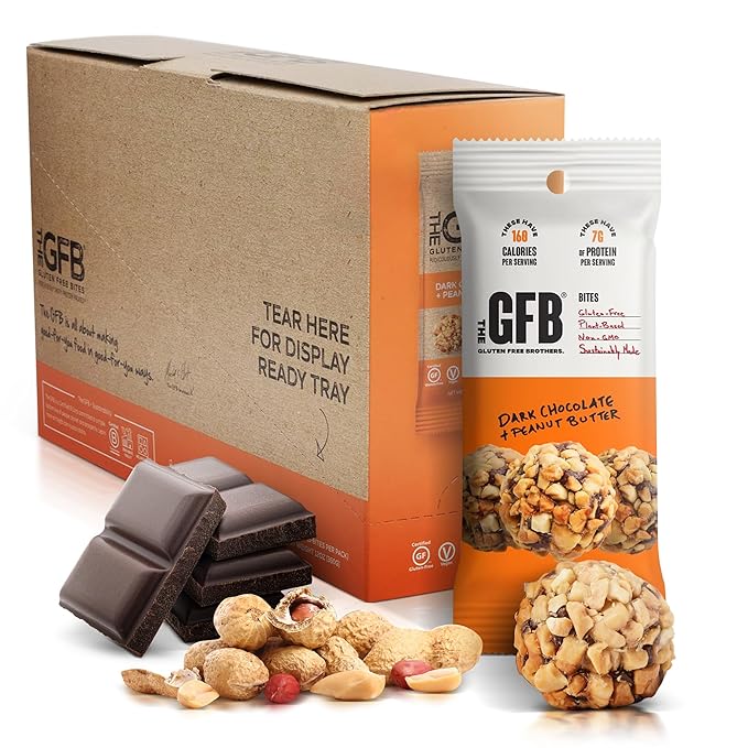 The Gluten Free Brothers Dark Chocolate Peanut Butter Bites - Gluten Free Protein Balls – Non GMO, Soy Free, Vegan – Snack Size Plant Based Protein Energy Balls, 1.2 oz (10 Count)