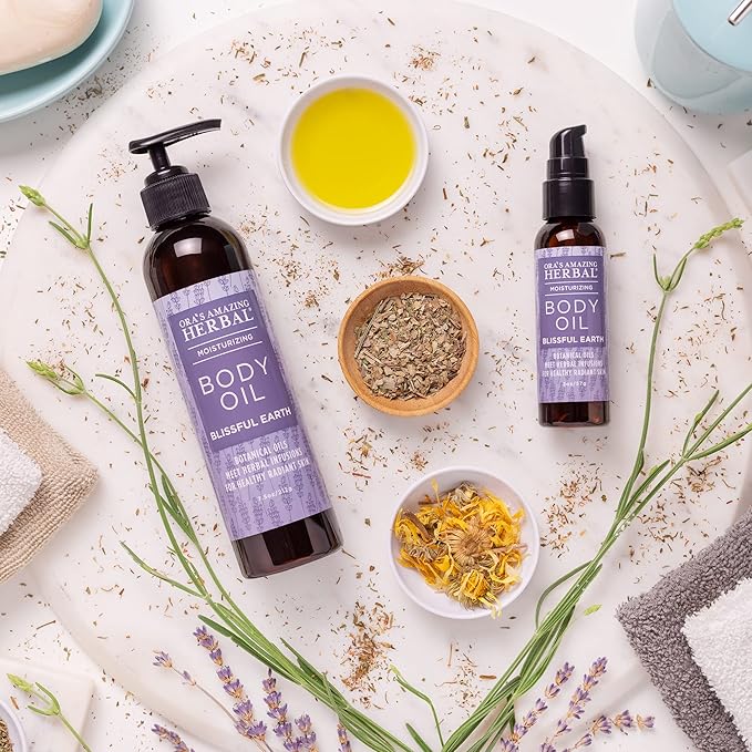 Lavender Bath Oil, Herbal Infused Moisturizing Body Oil for Women with Organic Jojoba Calendula Thyme Vetiver for Relaxation & Dry Skin, Blissful Earth Scent with Pump 7.5 oz