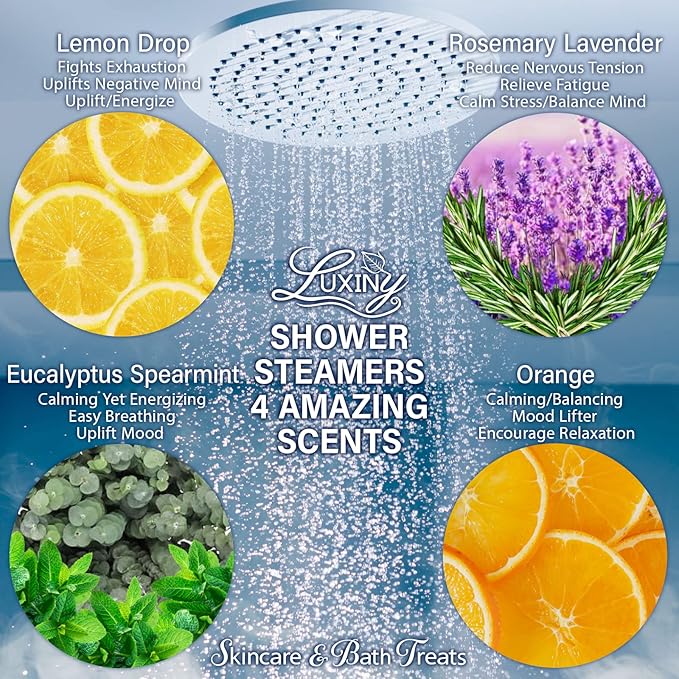 Shower Bombs Aromatherapy in Your Shower, American Made by Luxiny, Shower Steamer Tablets Melt to Release a Fragrant Vapor for Natural Stress Relief – Pack of 4 XL Steamers (Rosemary Lavender)
