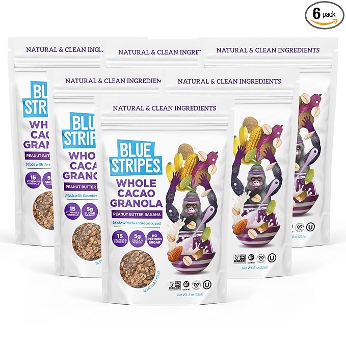 Blue Stripes Whole Cacao Granola - Gluten Free Dark Chocolate Granola for Cereal, Oatmeal, Yogurt, 5g Protein Per Serving, Source of Fiber, Vegan, Low Sugar - Peanut Butter Banana, 8 oz (6 Pack)