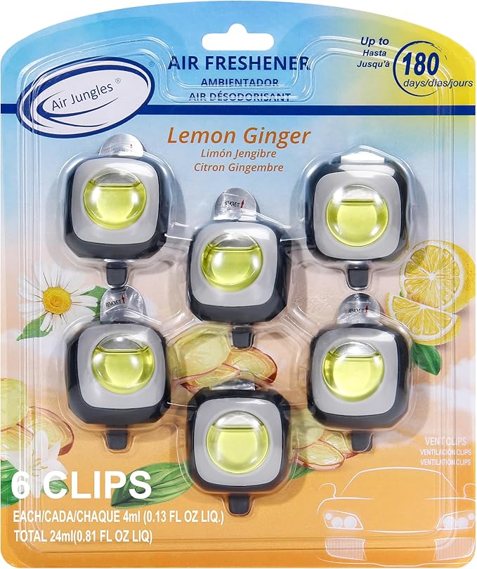 Air Jungles Lemon Ginger Scent Car Air Freshener Clip, 6 Vent Clips, 4ml Each, Long Lasting Air Freshener, Up to 180 Days Car Refresher Odor Eliminator
