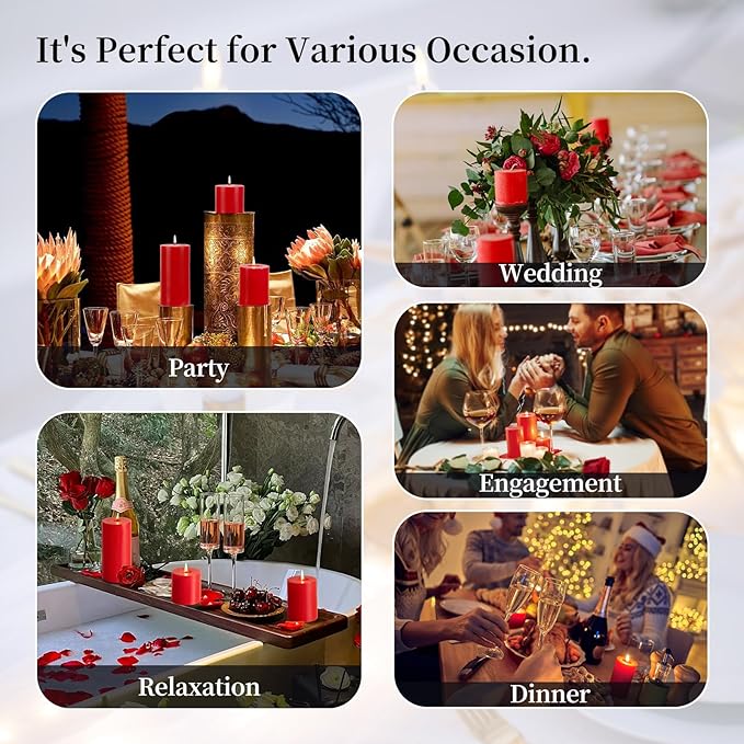 KONNI Red Pillar Candles Set of 3, 3"x 4" Unscented Pillar Candles Bulk, 39 Hours Long Burning Candles, Smokeless and Dripless Large Round Candle for Wedding, Home Decoration, Parties, Spas, Dinner