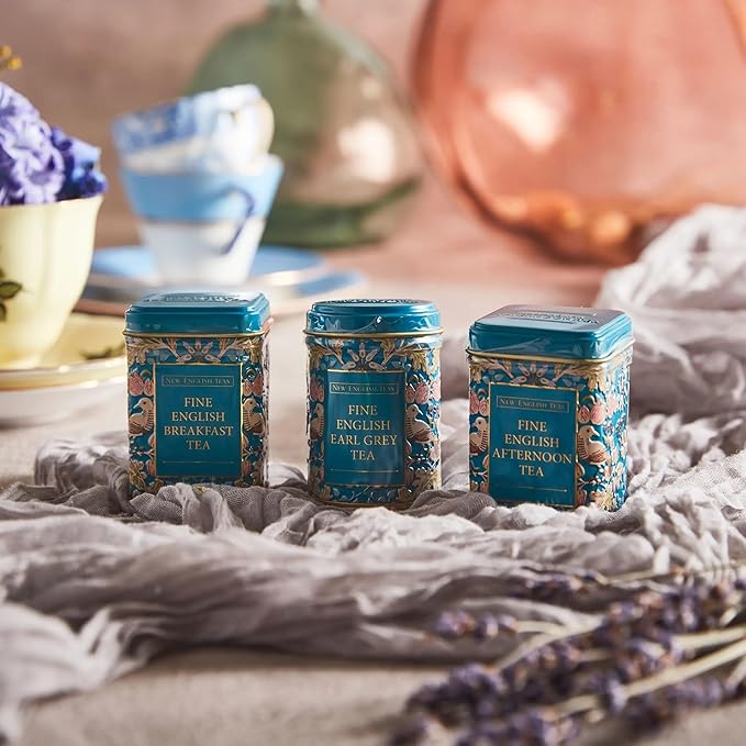New English Teas 3x Song Thrush and Berries Mini Tea Tins with Loose English Tea - English Breakfast, Earl Grey and English Afternoon Blends