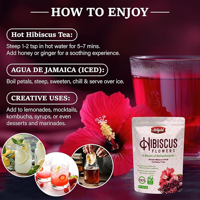 Arigold Pure Whole Petals Hibiscus Tea 1lb ā Dried Hibiscus Flowers, Flor de Jamaica, Hibiscus Sabdariffa, Bissap, Sorrel, hibiscus tea loose leaf Herbal Tea for Agua Fresca, Cocktails, Iced Tea & Hot Tea | Caffeine-Free & Rich in Antioxidants.