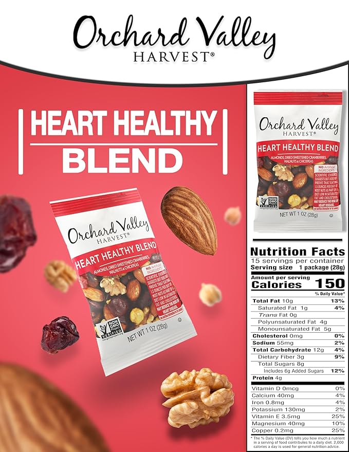 Orchard Valley Harvest Heart Healthy Blend, 1 Ounce Bags (Pack of 15), Almonds, Cranberries, Walnuts, and Chickpeas, Gluten Free, Non-GMO, No Artificial Ingredients, Healthy Snacks for Adults
