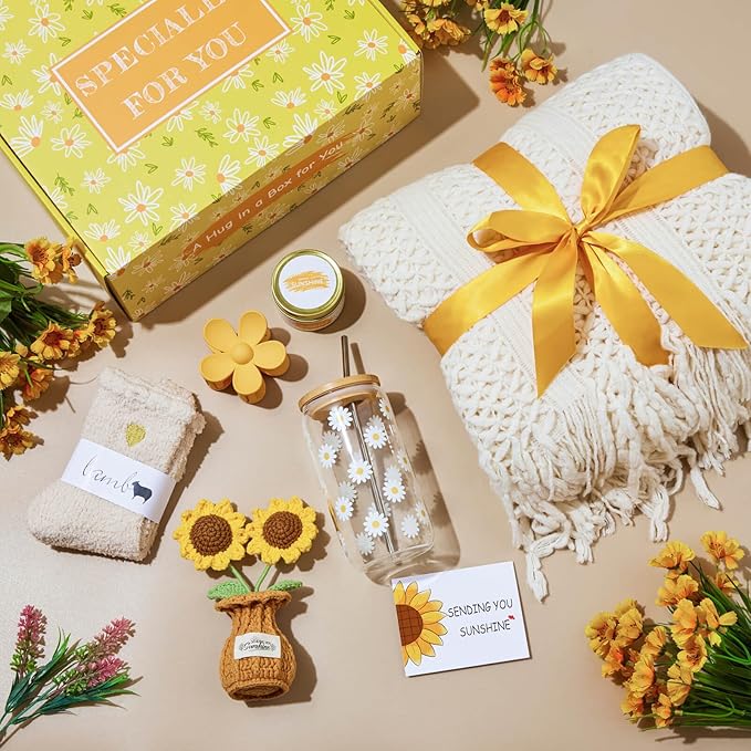 Birthday Gifts for Women, Self Care Get Well Gifts Baskets for Women, Sending Sunshine Sunflower Care Package, Thinking of You Thank You Farewell Inspirational Gift for Her, Friend, Mom, Sister, Wife