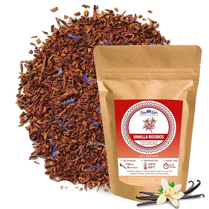 Sou Zen Organic Vanilla Rooibos Tea 4oz (113g) | Decaf Loose Leaf Herbal Red Tea Blend | Naturally Caffeine and Preservative-Free