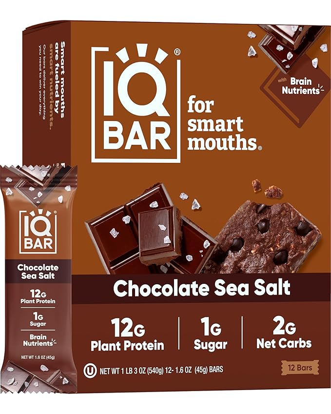 IQBAR Brain and Body Plant Protein Bars - Chocolate Sea Salt - 12-Count - Keto, Vegan, Low Carb, High Fiber, Gluten Free, Dairy Free, Low Sugar Snack with Nutrients for Focus, Energy, Meal Replacement