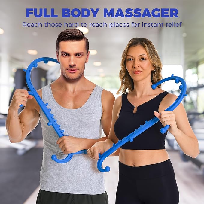 Back and Neck Massager-Trigger Point Massage Tools for Pain Relief and Self Massage Hook Cane- Handheld Body Deep Tissue Shoulder Leg Feet Massager Stick Gift for Men & Women-Blue