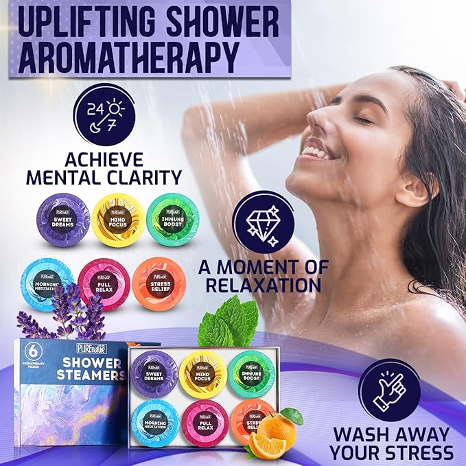 Aromatherapy Shower Steamers Set - Six Uplifting Relaxing Scents for Stress Relief - Perfect Self Care, Spa Experience for Women and Men - Ideal for Christmas Stocking Stuffers and Relaxation Gifts