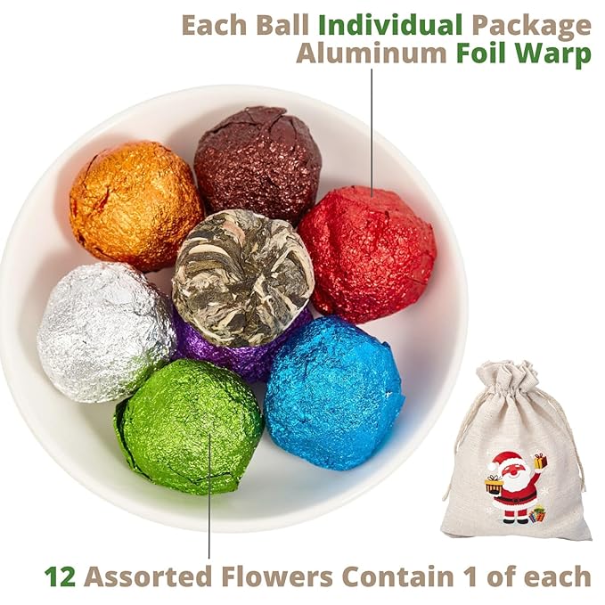 12 Assorted Blooming Flower Tea Balls Gift Set| Handmade Herbal Flowering Tea Balls Variety Individual Packing| Blooming Green Teas with Flowers for Teas Lovers, Anniversary, Valentine, Birthday (Christmas Bag)