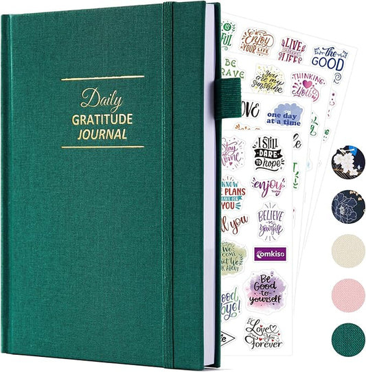 Gratitude Journal with 4 Inspirational Stickers: Undated Daily Gratitude Journal for Women and Men - More Happiness, Affirmation, and Mindfulness in A Few Minutes with Prompts & Quotes (Green)