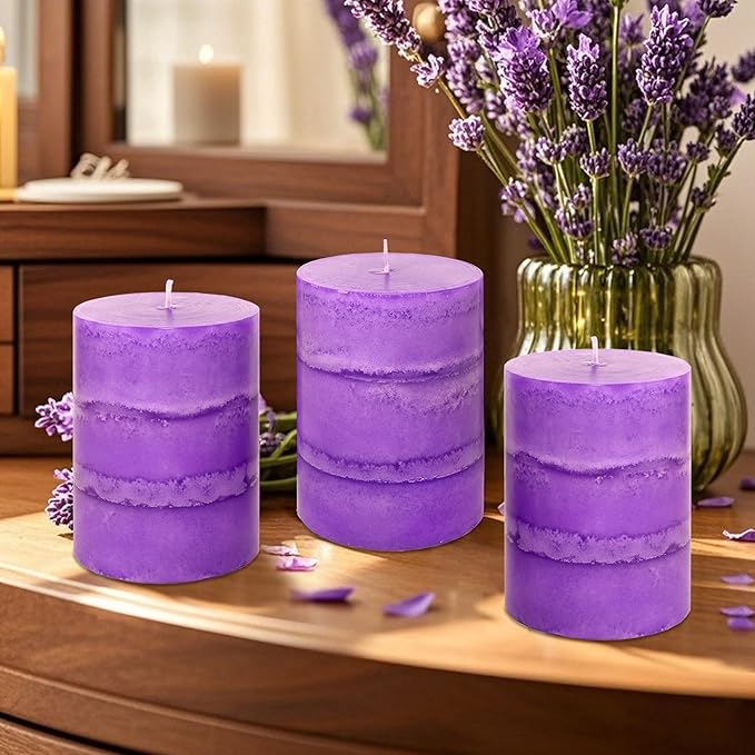 3" x 4" Handmade Pillar Candles Lavender Scented Purple Decorative Modern Aesthetic Long Clean Burning Fragrance Candle for Wedding Spas Meditations Christmas Home Decor,Set of 3