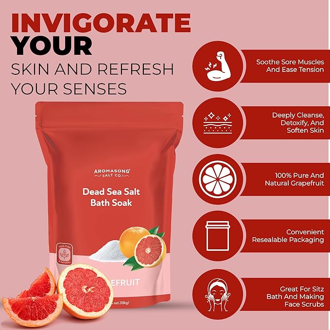 Aromasong Dead Sea Salt - Fine Grain Spa Salt Grapefruit Scent 14 Oz β 7 Uses Per Pack - Pure & Natural - Used for Body wash Scrub - Soak for Women & Men for Skin Issues and to Relax Tired Muscles