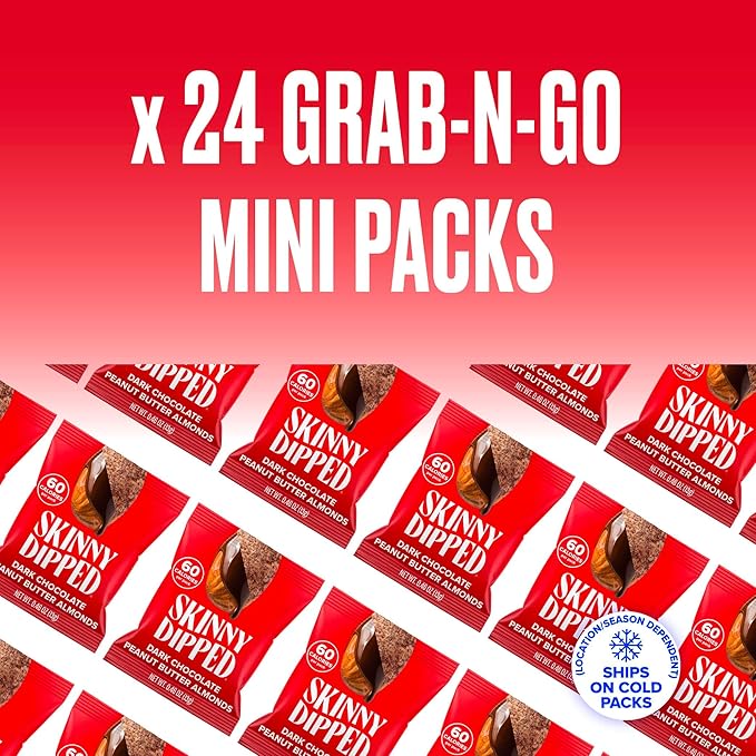 SkinnyDipped Dark Chocolate Peanut Butter Almonds, Healthy Snack, Plant Protein, Gluten Free, 0.46 oz Mini Bags, Pack of 24