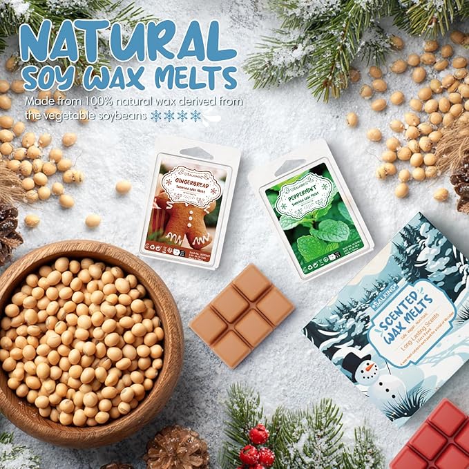 Winter Scented Wax Melts, Christmas Soy Wax Melts Gift Set, Wax Cubes/Tarts for Warmer - Christmas Wreath, Gingerbread, Sugar Cookie, Peppermint, Cinnamon, Cranberry, Apple Cider, Candy Cane, 8x2.6 oz