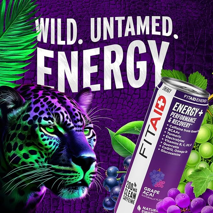 LIFEAID FITAID Energy Grape AÇAI, 200mg Natural Caffeine, Keto, Pre-Workout Performance: BCAAs, Quercetin, Electrolytes, Omega-3s, 15 Calories, Paleo, Vegan & Gluten-Free,12-oz (Pack of 24)