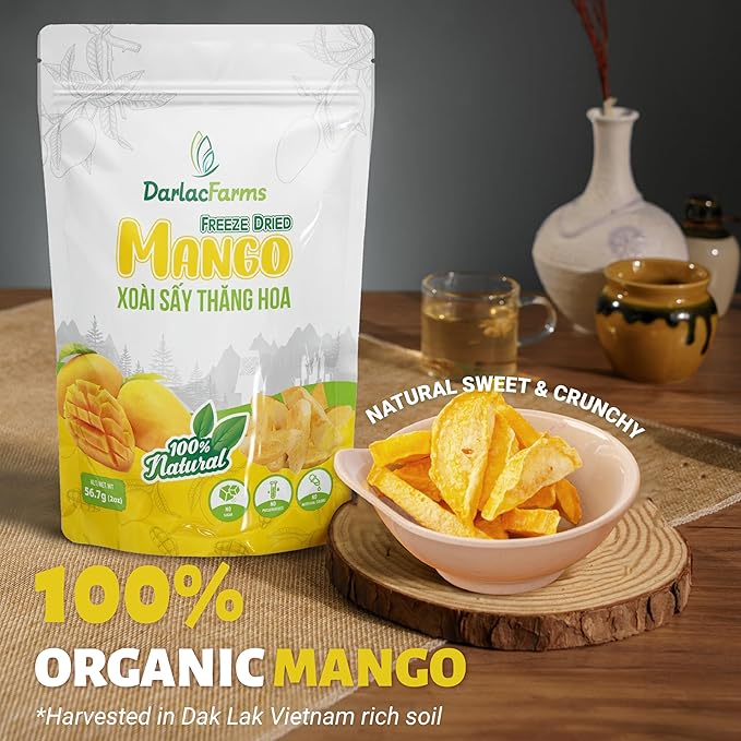 DARLAC FARMS Freeze Dried Mango Slices, Pack 1, No Sugar Added, Healthy Fruit Snacks for Kids, Adults & All Ages, Premium Organic Crispy Crunchy Snacks, Tea, Baking, Smoothie, Yogurt, 2 Oz