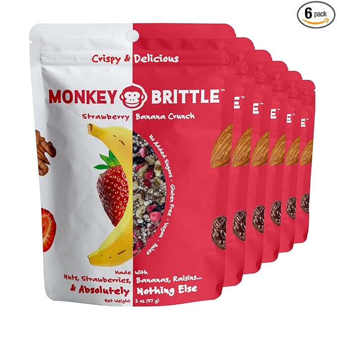 Monkey Brittle Healthy Snacks, Crispy Plant-Based Treats for Kids & Adults, Vegan & Gluten-Free, All-Natural Snack for School, Sports, Camping & On-the-Go (Pack of 6), Strawberry Banana Crunch