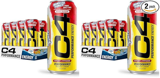 C4 Energy Drink, Hawaiian Punch Fruit Juicy Red, Carbonated Sugar Free Pre Workout Performance Drink with no Artificial Colors or Dyes, 16oz Pack of 24