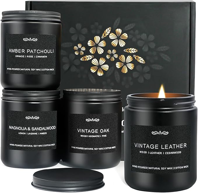 Scented Candles Gifts, Gift for Men, 4 Pack Candles Set, Soy Candle for Home Scented, Birthday Gifts Candle Set for Men Scents of Magnolia Sandalwood/Oak/Amber Patchouli/Leather