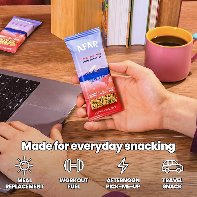 Afar Savory Protein Bars – Low Sugar, High Protein – Healthy Snacks for Adults – Meal Replacement Bar – Rice Crispy Texture – Vegan, Gluten Free (8 Bars, Variety Pack)