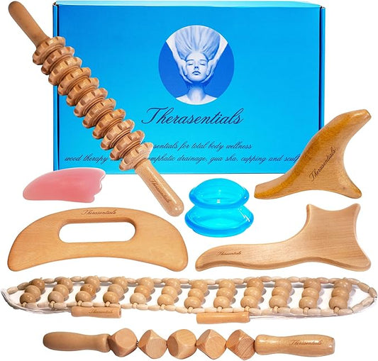 Wood Therapy Massage Tools 12-in-1 Multi-use, Lymphatic Drainage Massager, Maderoterapia Kit - Anti Cellulite Complete Body Sculpting Tools for Total Relaxation & Relief - Massager Tool for Anti Aging