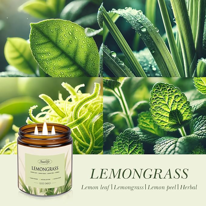 Lemongrass Scented Candle | 3-Wick Jar Candle - 12oz Natural Soy Wax - Citronella Scent for Indoor Outdoor Use, Long Lasting Aromatherapy Gifts for Fathers Day, Summer, 50+ Hour Burn