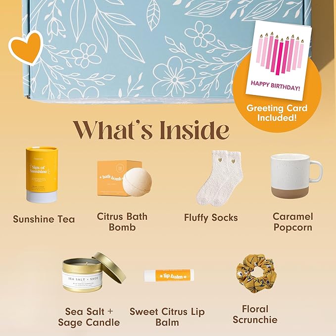 Unboxme Sunshine Gift For Women | Self Care Package with Herbal Tea, Mug, Bath Bomb, Candle, Fluffy Socks, Lip Balm, Sheet Mask, Scrunchie & Happy Birthday Card