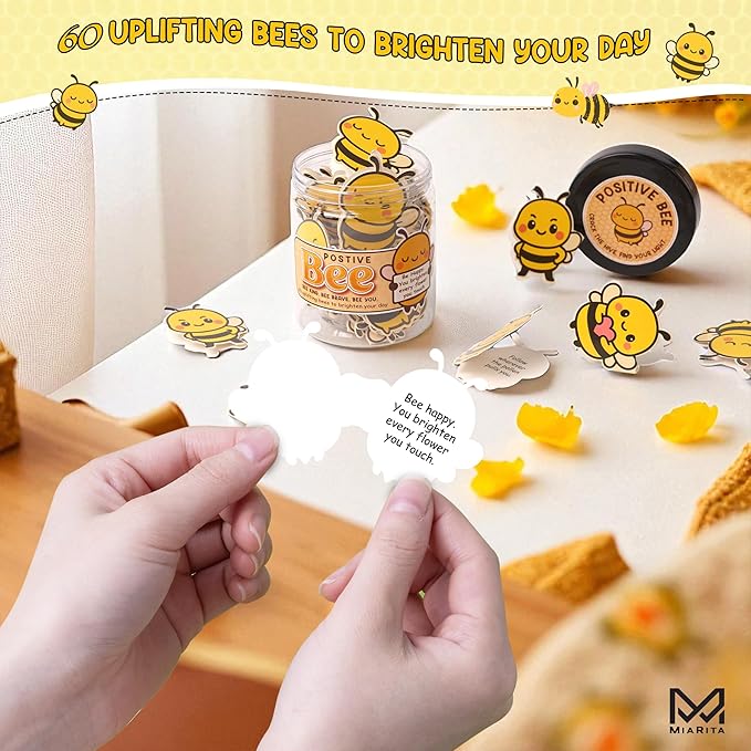 Positive Bee Jar, 60 Cute Bee Affirmation Cards for Women, Teachers, Grandma, Inspirational Gifts for Stress Relief, Self-Care, Birthday, Desk Decor for Bee Lovers