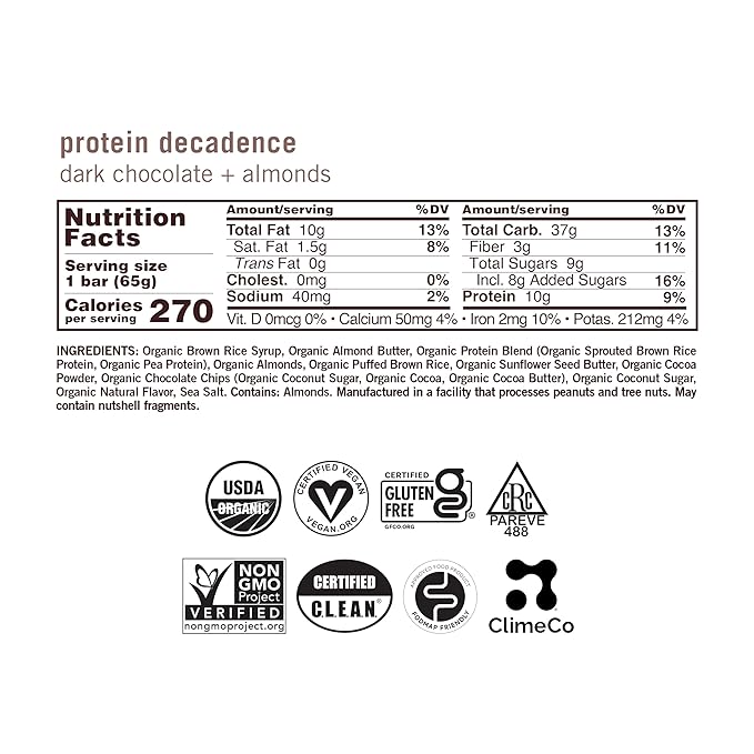 GoMacro MacroBar Organic Vegan Protein Bars - Dark Chocolate + Almonds (2.3 Ounce Bars, 12 Count)