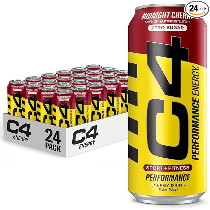 C4 Energy Carbonated Zero Sugar Energy Drink, Pre Workout Drink + Beta Alanine, Midnight Cherry, 16 Fl Oz (Pack of 24)