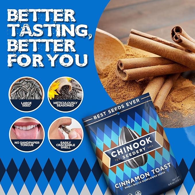 Chinook Seedery Roasted Jumbo Sunflower Seeds - Keto Snacks - Best For Snack Packs - Gluten Free, Non GMO Snack Food Gifts - 4 ounce (Pack of 3) - Cinnamon Toast Flavor