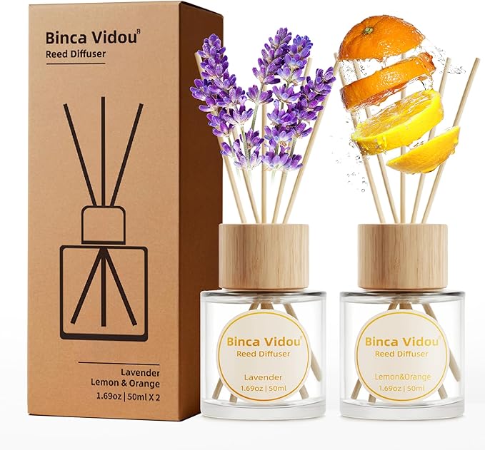 Reed Diffuser Set, Binca Vidou Lavender Orange & Lemon Natural Scent Oil Diffusers with Sticks for Home Office Bathroom Aromatherapy Decor 1.69oz x 2