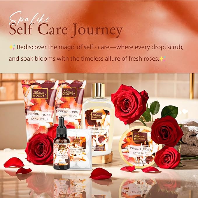 Fresh Rose Spa Gift Set for Women, 8-Piece Relaxing Bath Set with Shower Gel, Bubble Bath, Body Lotion, Self Care Gift for Any Occasion, Birthday Gifts for Women, Spa Kit for Mom Gifts