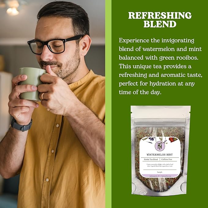 Nelson's Tea Watermelon Mint Tea Loose Leaf - Caffeine Free Green Rooibos Tea with Spearmint, Echinacea, Linden Leaf, Coriander, Safflower and Eucalyptus (Sample 0.4 Oz)