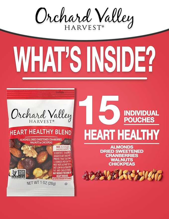 Orchard Valley Harvest Heart Healthy Blend, 1 Ounce Bags (Pack of 15), Almonds, Cranberries, Walnuts, and Chickpeas, Gluten Free, Non-GMO, No Artificial Ingredients, Healthy Snacks for Adults