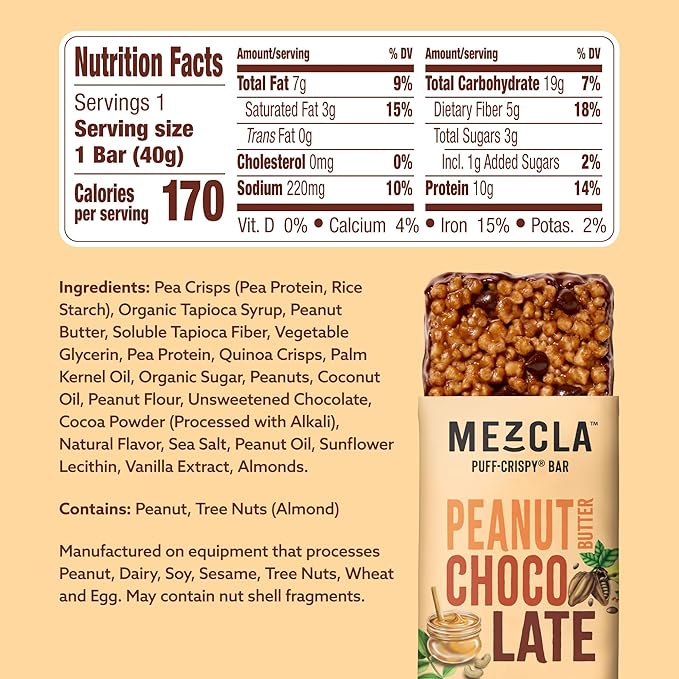 Mezcla Puff Crispy Protein Bars, Gluten Free & Vegan Protein Bars, 10g Protein, Alt for Crispy Rice Treat, Granola Bars & Breakfast Bars, Healthy Snacks for Adults, Peanut Butter Chocolate, 12 Pack