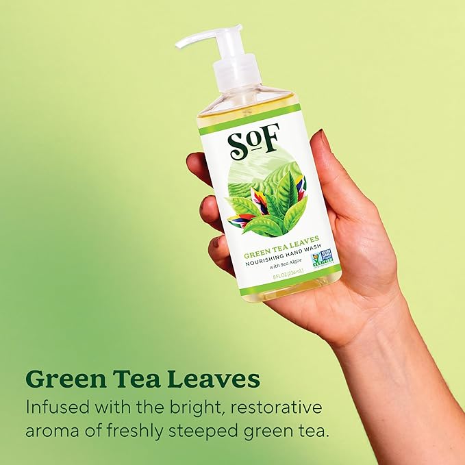 SoF Nourishing Hand Wash - With Moisturizing Sea Algae, Coconut & Olive Oil- Vegan & Non GMO- Free From Phthalates, Sulfates & Parabens- Green Tea Leaves - 8 oz Bottle 6 Pack