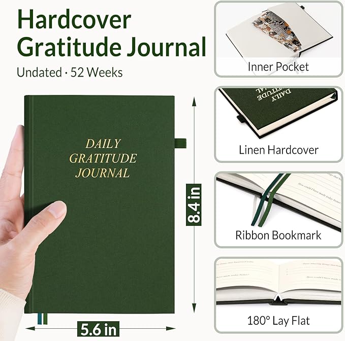 SUNEE Daily Gratitude Journal – Simple 5 Minute Journal for Daily Reflection, Build Positivity and Mindfulness, Undated Minimalist Planner for Women & Men (Deep Green)