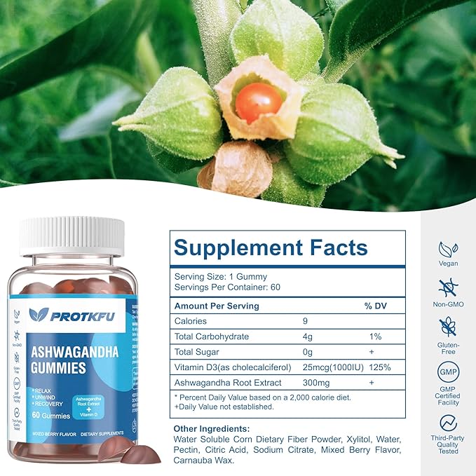 2 Pack Ashwagandha Gummies & Vitamin D3 Gummies Organic Aswangdha Supplement for Improve Sleep, Stress Relief & Mood Calm (Non-GMO, Gluten-Free & Sugar Free)